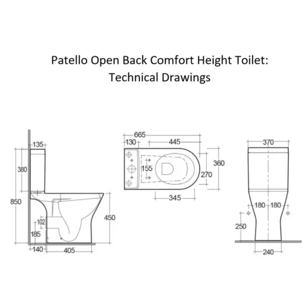 Patello Comfort Height Toilet with Thin Seat: Open Back, Rimless, and Close Coupled - Image 3